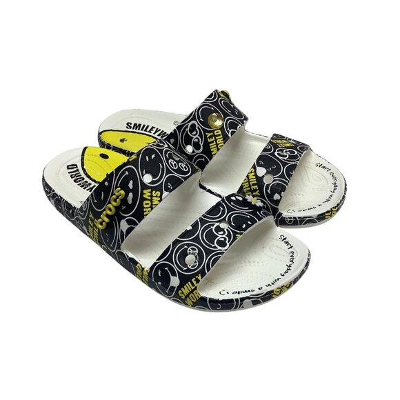 Smileyworld X Crocs Slide Sandals Black/Yellow Graphic Womens Size 8 Lightweight - Picture 2 of 7
